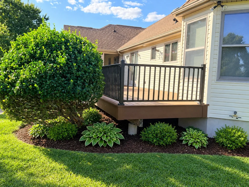 After: brown deck and black railings, side view